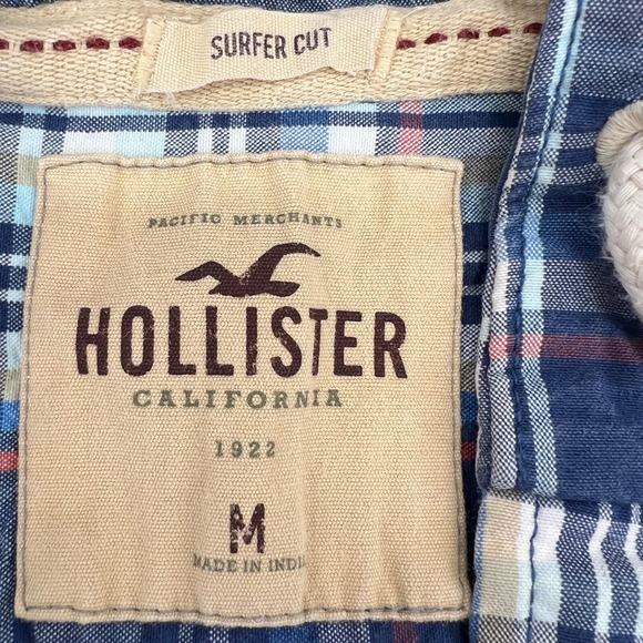 Hollister Men Blue Plaid Hooded Shirt Surfer Cut Long Sleeve Medium - Picture 2 of 8